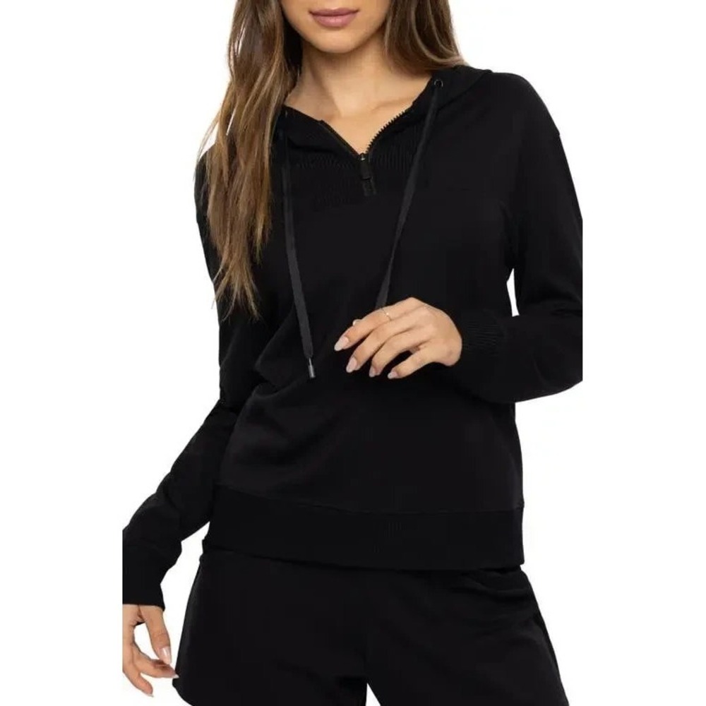 Travis Mathew Horizon Line Hoodie Womens Small Black 1/4 Zip Stretch Ponte Golf